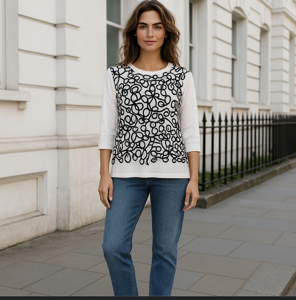 Belford White w/ Black Design Round Neck Sweater